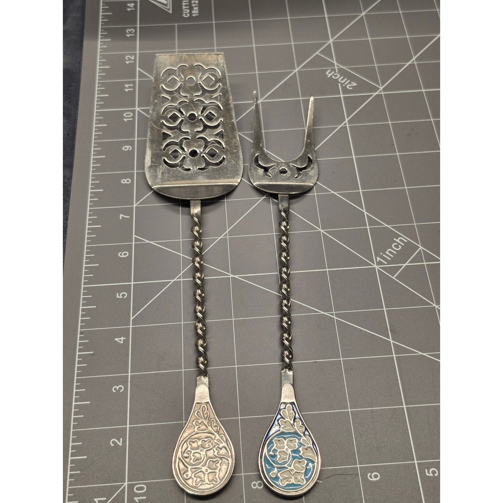 Vintage Mstera Yuvelir Serving Set Twisted Handle Enamel Floral Pie Server Fork